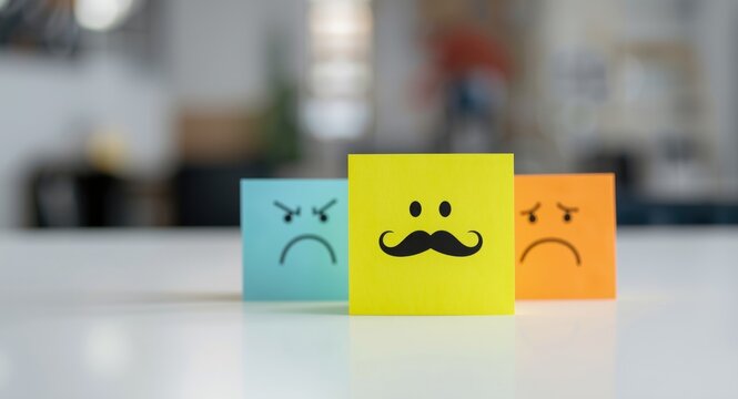 Optimistic smiley with mustache on yellow sticky note contrasting sad and angry notes copy space