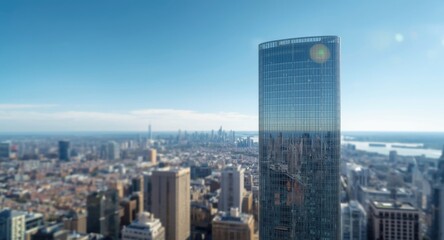 Fototapeta premium Sleek skyscraper showcasing numerous windows against city skyline backdrop