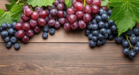 Naklejka premium Fresh red grapes and blue grapes with green leaves on wooden table copy space