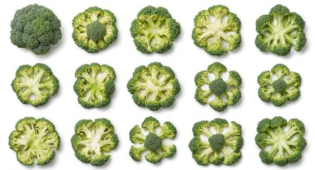 Fototapeta premium Broccoli segments creatively positioned in diverse circular and squared formations isolated on white background