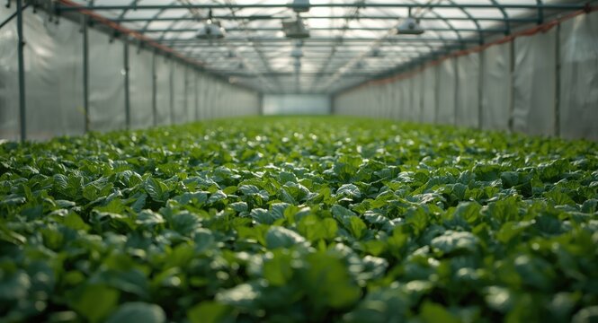 Healthy green vegetables cultivated hydroponically in an organic greenhouse with copy space