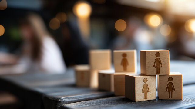 Wooden blocks with female symbols arranged representing Women's History Month, gender equality and empowerment concept, defocused background, with copy space