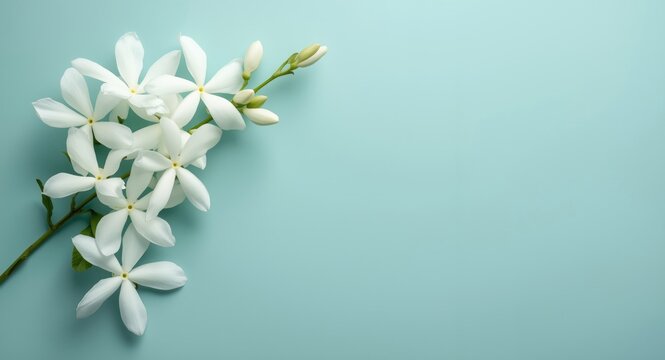 Arabian jasmine blossoms on a smooth cool toned background with copy space