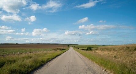 Fototapeta premium Serene countryside road under bright blue sky with scattered clouds
