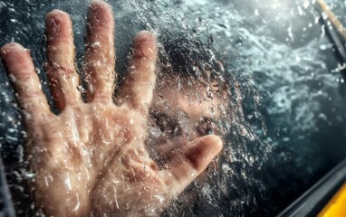 Fototapeta premium Person Trapped in Submerged Vehicle Underwater Scene