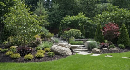 Obraz premium Scenic nature inspired garden layouts with a mix of trees plants and stone accents