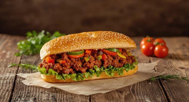 Hearty homemade sloppy joe sub with fresh garden vegetables and herbs on sesame seed bread for menu display