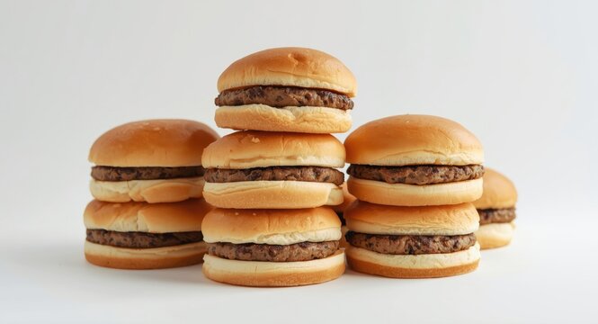 Group of warm hamburger buns stacked with plain white backdrop