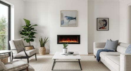 Fototapeta premium Bright and modern living space with an electric fireplace and coordinated decoration