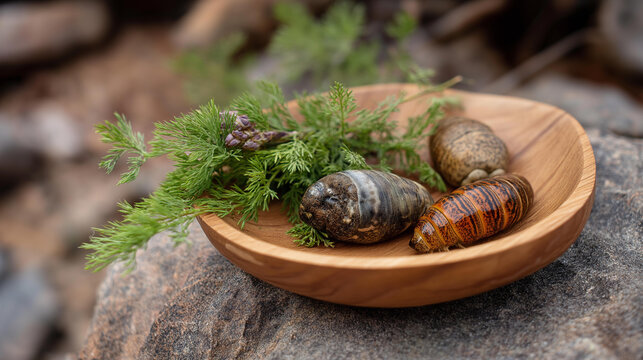 Witchetty grubs displayed on wooden plate in Australian bushland setting, traditional indigenous food and bush tucker concept, defocused background, with copy space