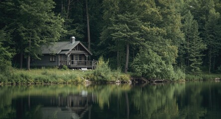 Obraz premium small cozy cabin beside still lake with lush surrounding trees