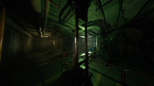 Emergency repair staging inside research facility, cluttered corridor with tool crates and diagnostic panels, urgent night shift atmosphere with technicians