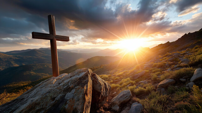 Wooden cross on mountain peak bathed in bright sun rays, scenic clouds glowing orange and yellow above rocky terrain, religious symbol representing hope faith and spirituality