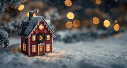 Fototapeta premium Decorative miniature red Christmas house with snowy roof and wreath in winter scenery with glowing bokeh lights and copy space