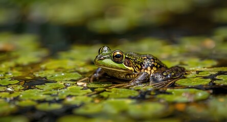 Obraz premium Close detailed shot of a green frog sitting on algae in a serene pond habitat
