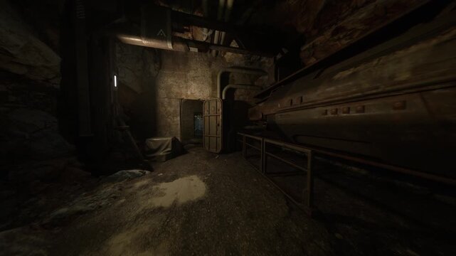 derelict basement chamber with collapsed piping and debris, warm yellow spill from small lamp contrasts damp shadows, cracked floor and exposed wiring suggest
