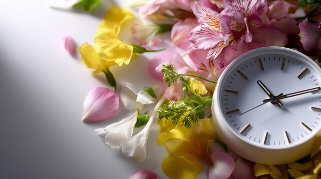 Floral clock arrangement with flower petals and clock tools representing spring forward daylight saving concept, seasonal time change illustration, with copy space