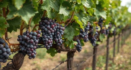 Naklejka premium Late season grape clusters hanging heavily on grapevine trellis system