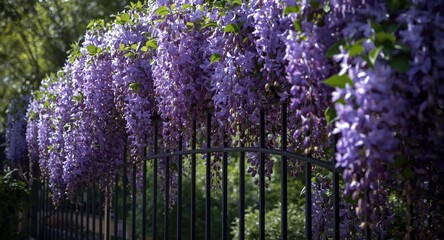 Obraz premium Flowing wisteria blossoms enveloping a wrought iron fence in a lush garden atmosphere
