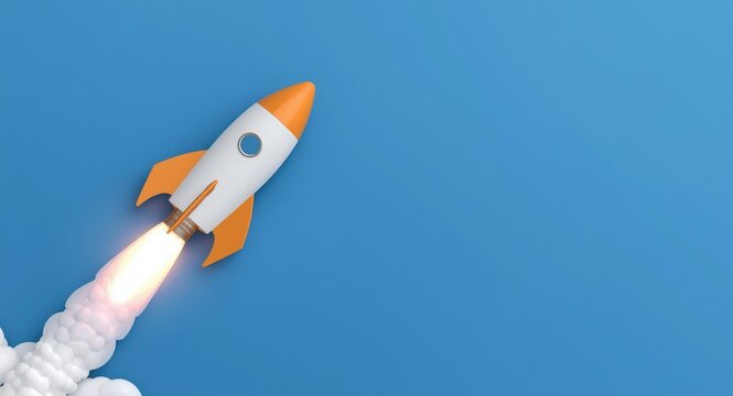 Blue backdrop featuring 3D rocket propulsion and a spaceship icon symbolizing startup