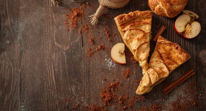 Appetizing autumn apple pie slices with a corner border on a smooth dark wood grain background