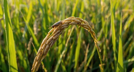 Obraz premium Rice field infestation by brown planthoppers under natural light