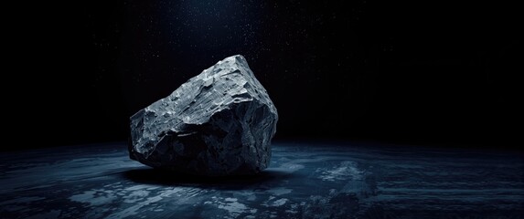 Fototapeta premium Meteorite stone display on earth floor against dark galaxy marketing background