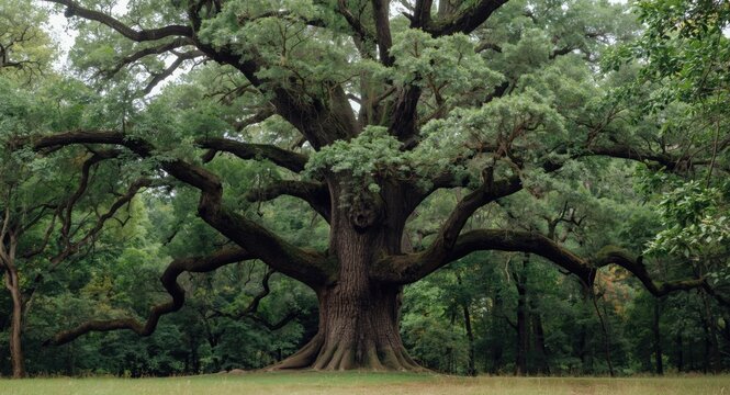 Massive old oak standing solitary in a thriving woodland clearing