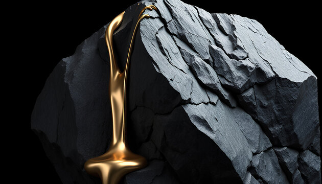 Abstract 3D render of viscous liquid gold flowing over a rough dark charcoal basalt monolith with brutalist geometric edges