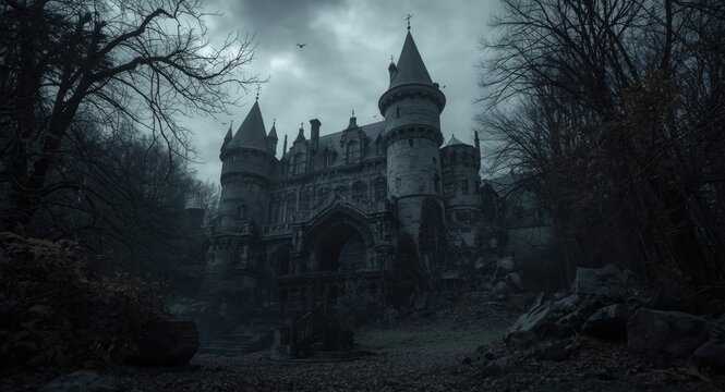 Eerie ancient castle with dark magic artifacts captured in a grayscale Halloween photo