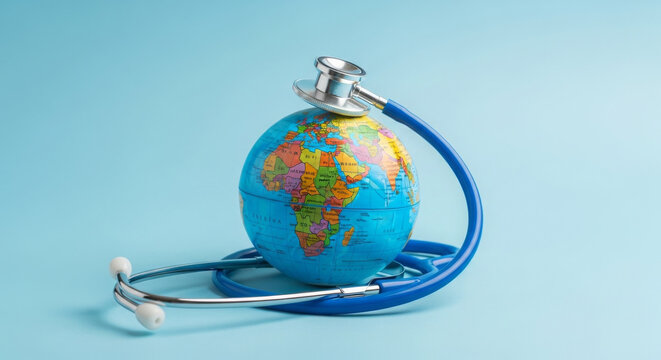 Green Earth day, Save the wold and Global healthcare concept. Stethoscope wrapped around globe on blue background. 

