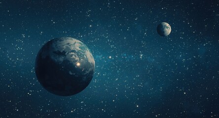 Fototapeta premium outer space illustration of planet and small moon amidst twinkling stars