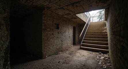 Fototapeta premium Aged military bunker subterranean corridor with stairway towards outdoor surface