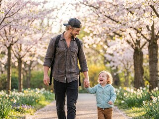 Fototapeta premium A happy father and young child walk hand in hand along a blooming park path surrounded by soft spring blossoms and warm sunlight.