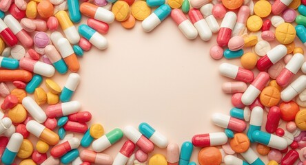Obraz premium Colorful scatter of diverse pills and capsules forming an artistic pile