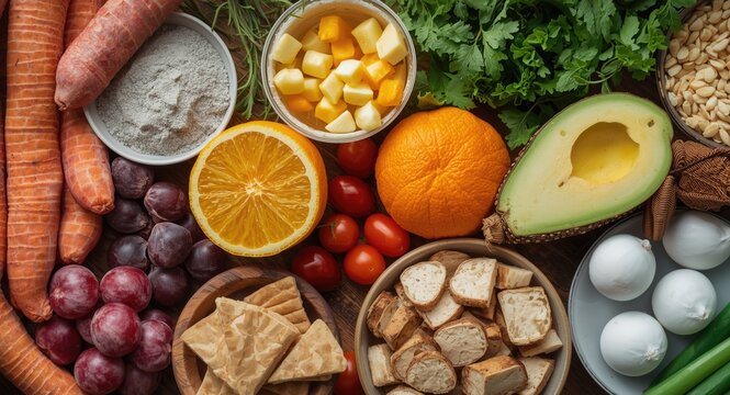 Assortment of folic acid packed foods captured from above