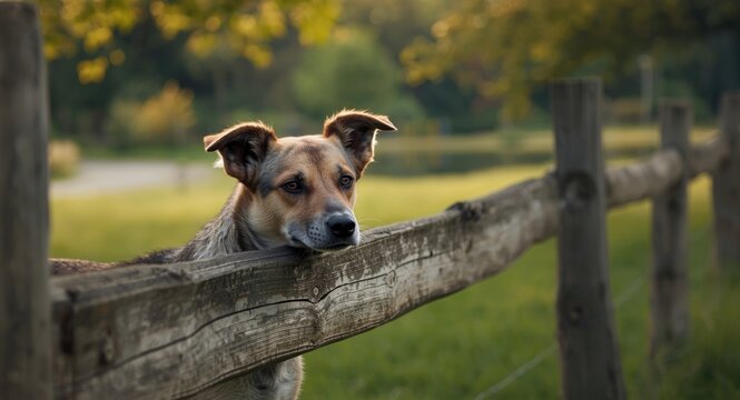 Stray dog quietly observing from behind a split rail fence