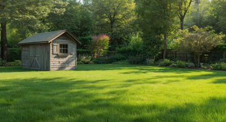 Fototapeta premium Outdoor shed in an enclosed yard with sprawling green grass and open space