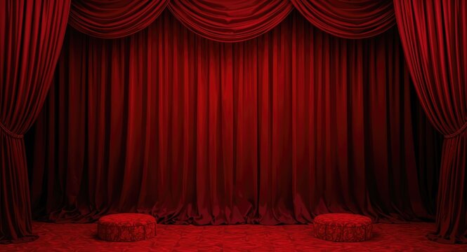 Classic red drape falling straight with ample area for text on background