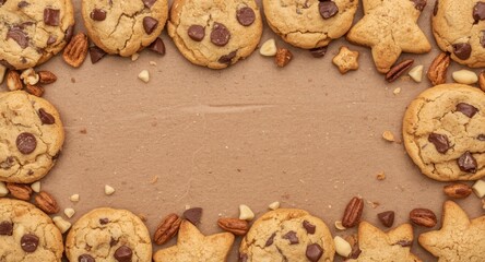 Fototapeta premium Festive holiday cookies with chocolate chips nuts and dried fruits on a copy space background for sweet seasonal treat