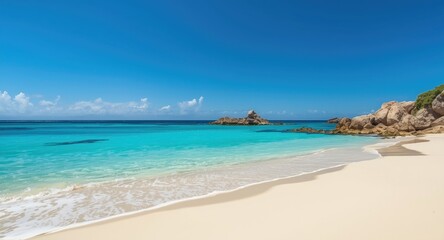 Fototapeta premium Serene tropical shoreline with turquoise waves, fine white sand, and natural rocky structures under blue sky