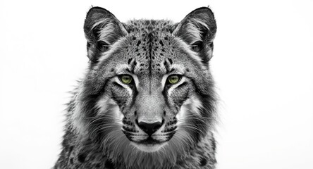 Obraz premium Wild animal headshot showcasing green eyes and monochrome fur on stark white background