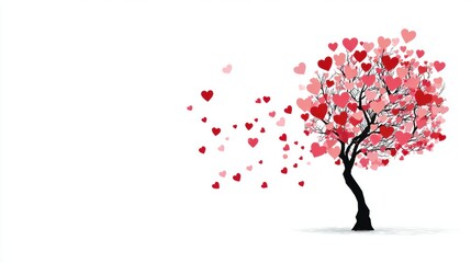 Fototapeta premium Romantic love theme for Valentines Day. A stylized tree with numerous red heartshaped leaves against a white background, creating a vibrant and romantic atmosphere.