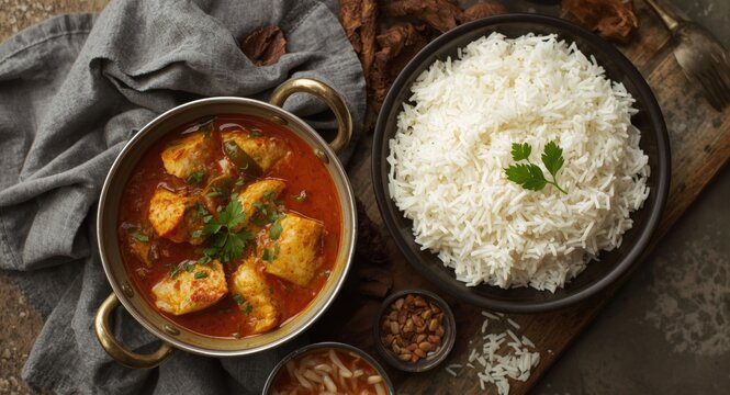 Homestyle spicy fish curry complemented by fluffy Appam and rice