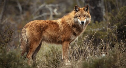 Fototapeta premium Red wolf with voluminous mane standing in wilderness