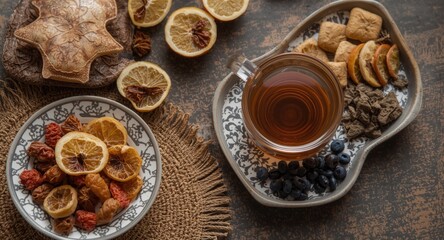 Fototapeta premium Delightful Arabic tea experience paired with fresh dried fruit selections