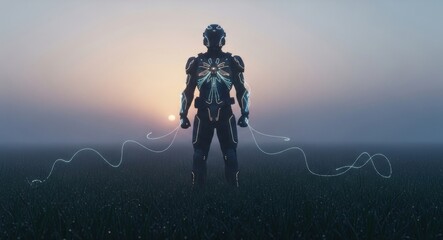 Fototapeta premium Futuristic cyborg warrior standing in a misty field at sunrise, glowing with energy, science fiction concept