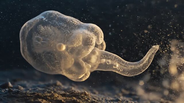 A translucent ameba with a long tail, floating in a dark environment with particles around it. Perfect for biology, education, and scientific materials.