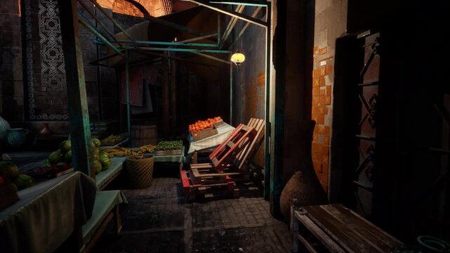 dim alley market with stacked crates, lantern glow, weathered brick walls, scattered fruit baskets, wet cobblestone, idle cart, quiet evening mood