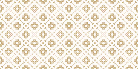 Obraz premium Luxury gold and white abstract geometric ornament. Elegant seamless pattern with exquisite grid, floral shapes, lattice, tiles. Golden vector background texture. Repeated design for wallpaper, print